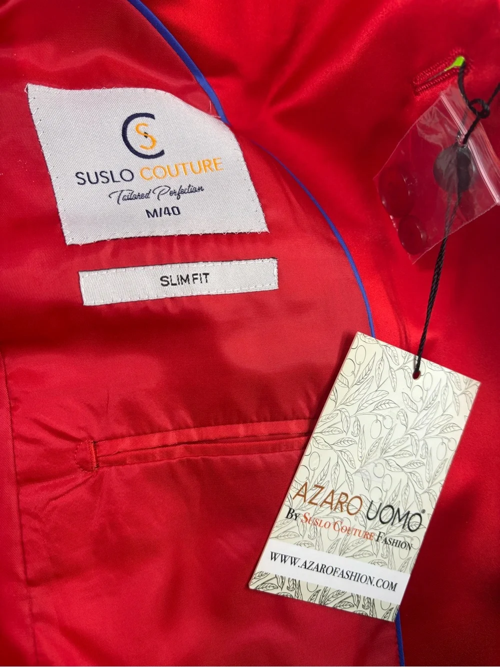 NWT Suslo Couture Red Velvet Satin Shawl Lapel Slim Fit Dinner Jacket | M/40